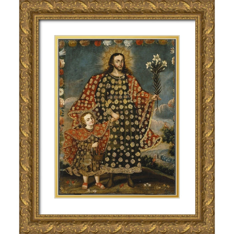 Saint Joseph and the Christ Child Gold Ornate Wood Framed Art Print with Double Matting by Cusco School
