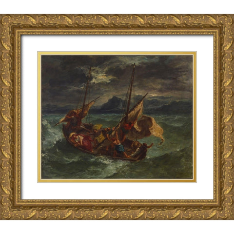 Christ on the Sea of Galilee Gold Ornate Wood Framed Art Print with Double Matting by Delacroix, Eugene