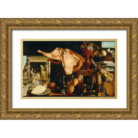 Christ with Mary and Martha Gold Ornate Wood Framed Art Print with Double Matting by Aertsen, Pieter
