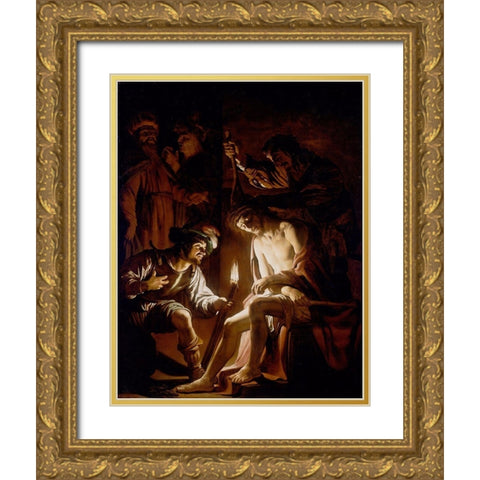 Christ Crowned with Thorns Gold Ornate Wood Framed Art Print with Double Matting by van Honthorst, Gerrit