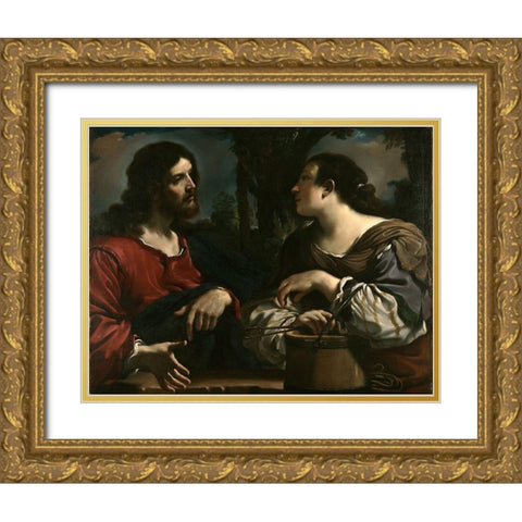 Christ and the Woman of Samaria Gold Ornate Wood Framed Art Print with Double Matting by Guercino