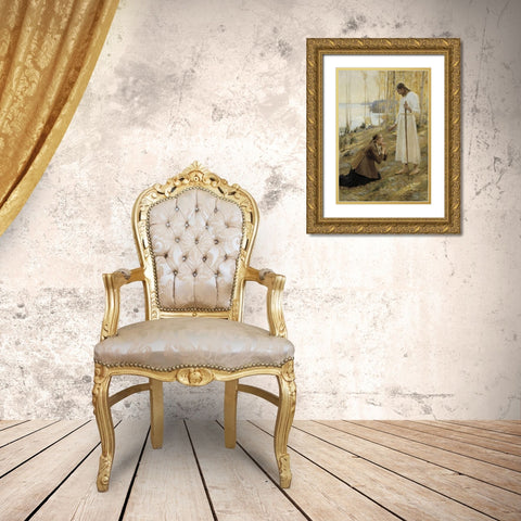 Christ and Mary Magdalene, a Finnish Legend Gold Ornate Wood Framed Art Print with Double Matting by Edelfelt, Albert