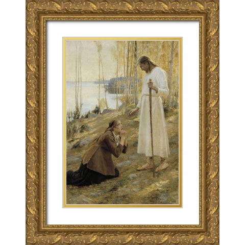 Christ and Mary Magdalene, a Finnish Legend Gold Ornate Wood Framed Art Print with Double Matting by Edelfelt, Albert