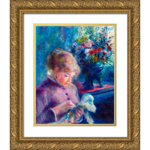 Young Woman Sewing 1879 Gold Ornate Wood Framed Art Print with Double Matting by Renoir, Pierre-Auguste