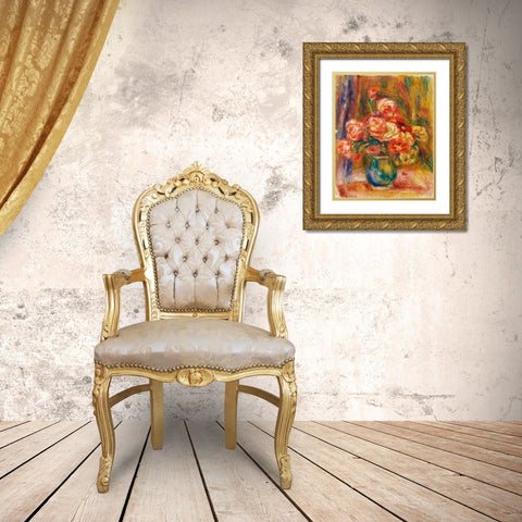 Vase of Roses Gold Ornate Wood Framed Art Print with Double Matting by Renoir, Pierre-Auguste