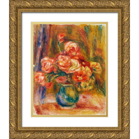 Vase of Roses Gold Ornate Wood Framed Art Print with Double Matting by Renoir, Pierre-Auguste
