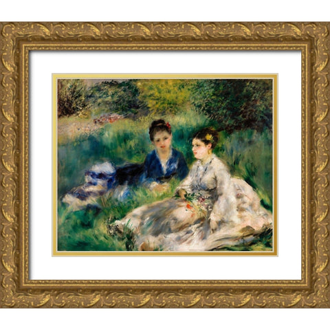 On the Grass 1873 Gold Ornate Wood Framed Art Print with Double Matting by Renoir, Pierre-Auguste