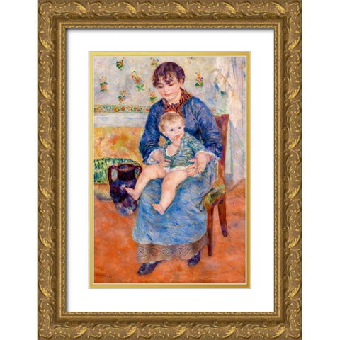 Young Mother 1881 Gold Ornate Wood Framed Art Print with Double Matting by Renoir, Pierre-Auguste
