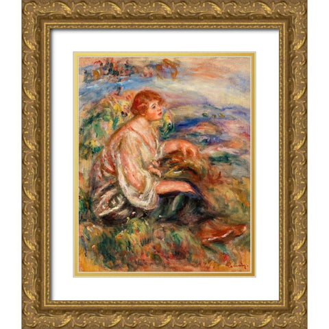 Woman in Tulle Blouse and Black Skirt 1917 Gold Ornate Wood Framed Art Print with Double Matting by Renoir, Pierre-Auguste