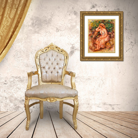 Woman Daydreaming 1913 Gold Ornate Wood Framed Art Print with Double Matting by Renoir, Pierre-Auguste