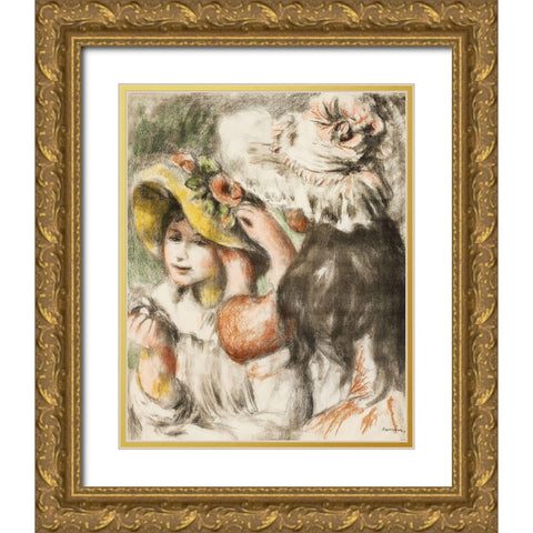 Pinning the Hat 1898 Gold Ornate Wood Framed Art Print with Double Matting by Renoir, Pierre-Auguste