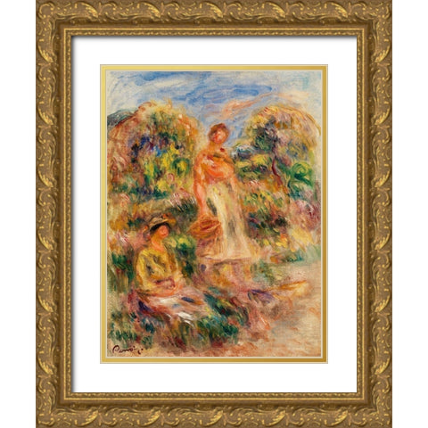 Standing Woman and Seated Woman in a Landscape 1919 Gold Ornate Wood Framed Art Print with Double Matting by Renoir, Pierre-Auguste