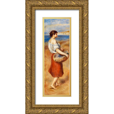 Girl with Basket of Fish 1890 Gold Ornate Wood Framed Art Print with Double Matting by Renoir, Pierre-Auguste