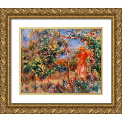 Woman in Red in a Landscape 1917 Gold Ornate Wood Framed Art Print with Double Matting by Renoir, Pierre-Auguste