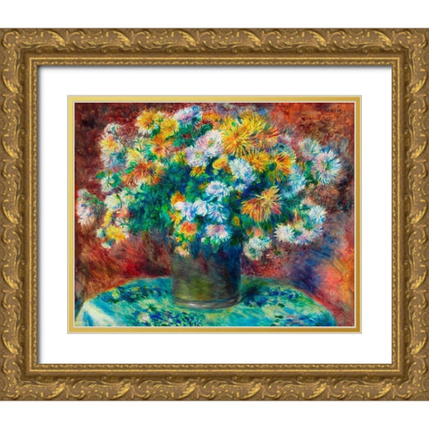 Chrysanthemums 1882 Gold Ornate Wood Framed Art Print with Double Matting by Renoir, Pierre-Auguste
