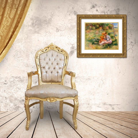 Woman and Child in the Grass 1898 Gold Ornate Wood Framed Art Print with Double Matting by Renoir, Pierre-Auguste