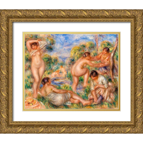 Bathing Group 1916 Gold Ornate Wood Framed Art Print with Double Matting by Renoir, Pierre-Auguste