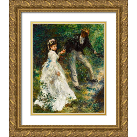 La Promenade 1870 Gold Ornate Wood Framed Art Print with Double Matting by Renoir, Pierre-Auguste