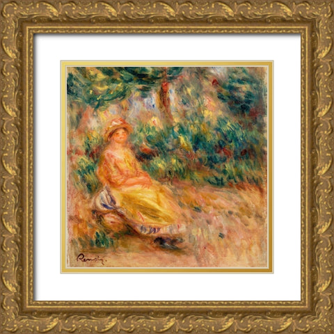 Woman in Pink and Yellow in a Landscape Gold Ornate Wood Framed Art Print with Double Matting by Renoir, Pierre-Auguste