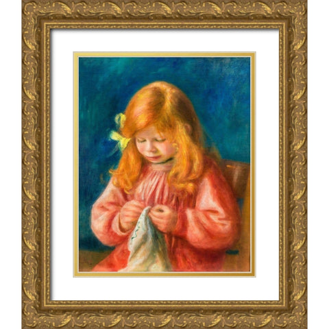 Jean Renoir Sewing 1900 Gold Ornate Wood Framed Art Print with Double Matting by Renoir, Pierre-Auguste