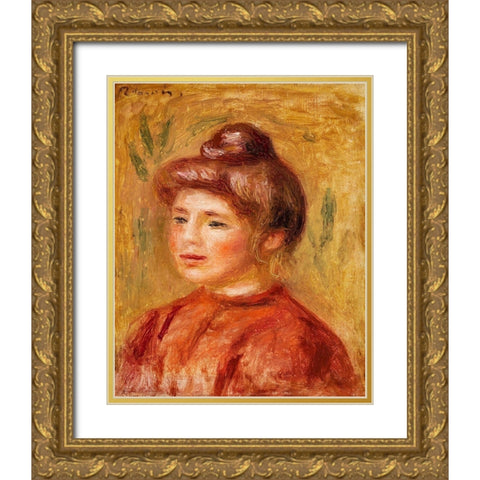 Bust of Woman in Red 1908 Gold Ornate Wood Framed Art Print with Double Matting by Renoir, Pierre-Auguste
