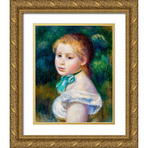 Head of Young Girl 1885 Gold Ornate Wood Framed Art Print with Double Matting by Renoir, Pierre-Auguste