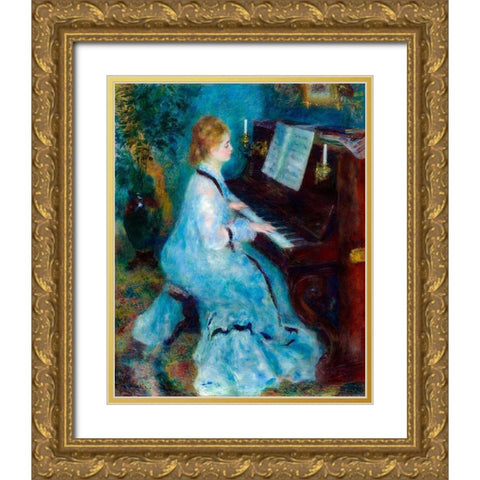 Woman at the Piano 1876 Gold Ornate Wood Framed Art Print with Double Matting by Renoir, Pierre-Auguste