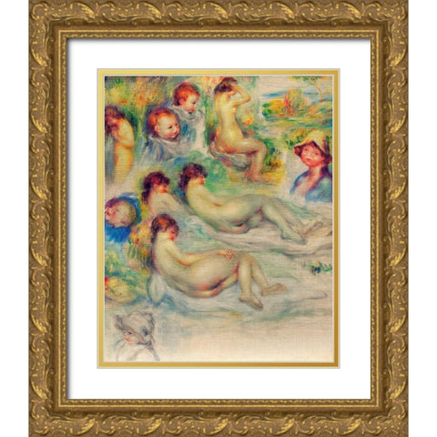 Studies of Pierre Renoir, His Mother, Aline Charigot, Nudes and Landscape Gold Ornate Wood Framed Art Print with Double Matting by Renoir, Pierre-Auguste