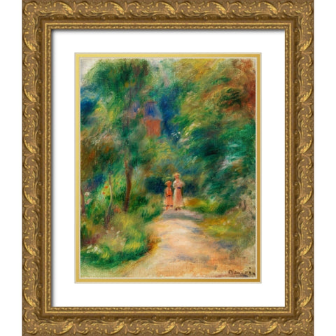 Two Figures on a Path 1906 Gold Ornate Wood Framed Art Print with Double Matting by Renoir, Pierre-Auguste