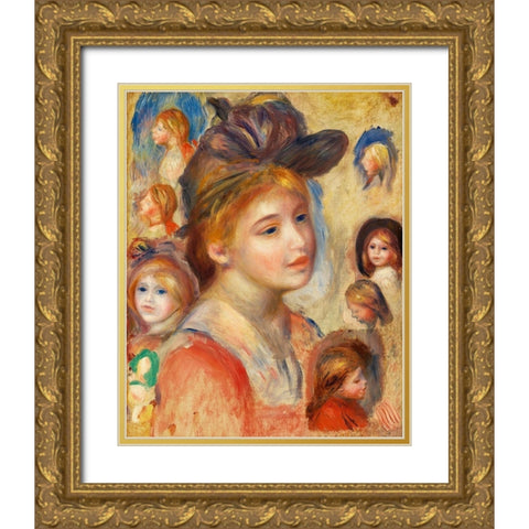 Study of Girls Heads 1893 Gold Ornate Wood Framed Art Print with Double Matting by Renoir, Pierre-Auguste
