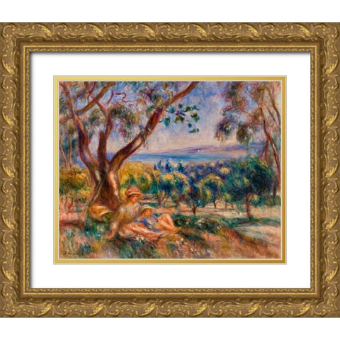 Landscape with Figures, near Cagnes 1910  Gold Ornate Wood Framed Art Print with Double Matting by Renoir, Pierre-Auguste