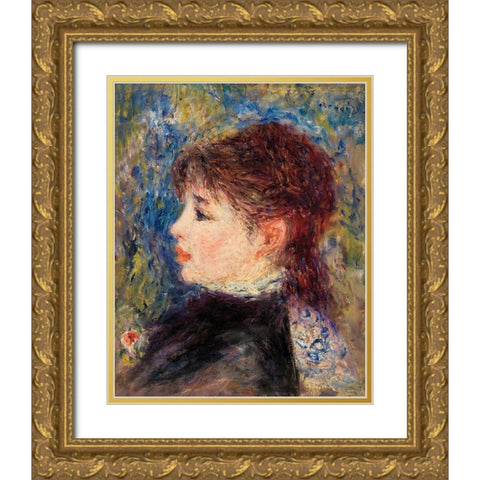Young Woman with Rose 1877 Gold Ornate Wood Framed Art Print with Double Matting by Renoir, Pierre-Auguste