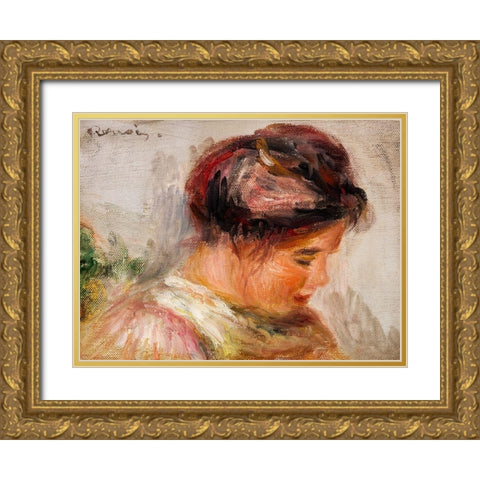 Head of Young Girl 1908 Gold Ornate Wood Framed Art Print with Double Matting by Renoir, Pierre-Auguste