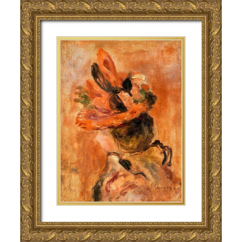 Womans Head with Red Hat 1890 Gold Ornate Wood Framed Art Print with Double Matting by Renoir, Pierre-Auguste