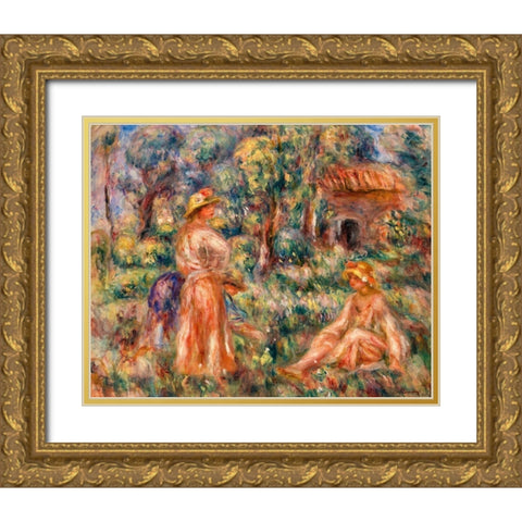 Girls in a Landscape 1918 Gold Ornate Wood Framed Art Print with Double Matting by Renoir, Pierre-Auguste