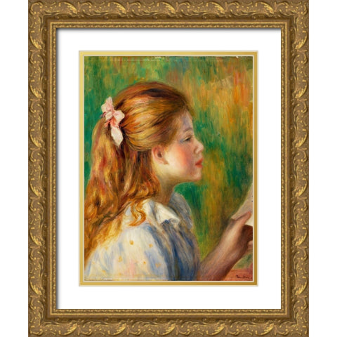 Reading 1892 Gold Ornate Wood Framed Art Print with Double Matting by Renoir, Pierre-Auguste
