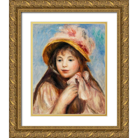 Girl with Pink Bonnet 1894 Gold Ornate Wood Framed Art Print with Double Matting by Renoir, Pierre-Auguste