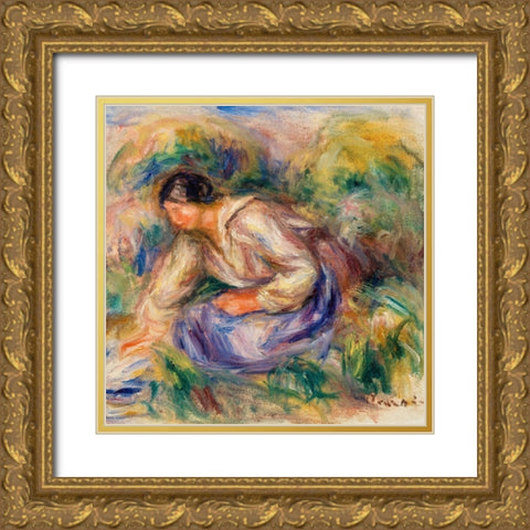 Woman in Blue Skirt 1917 Gold Ornate Wood Framed Art Print with Double Matting by Renoir, Pierre-Auguste