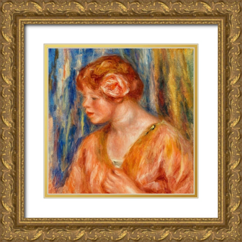 Young Woman with Rose 1917 Gold Ornate Wood Framed Art Print with Double Matting by Renoir, Pierre-Auguste