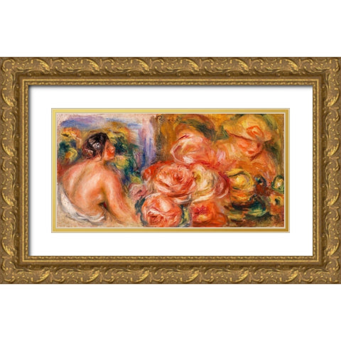 Roses and Small Nude 1916 Gold Ornate Wood Framed Art Print with Double Matting by Renoir, Pierre-Auguste