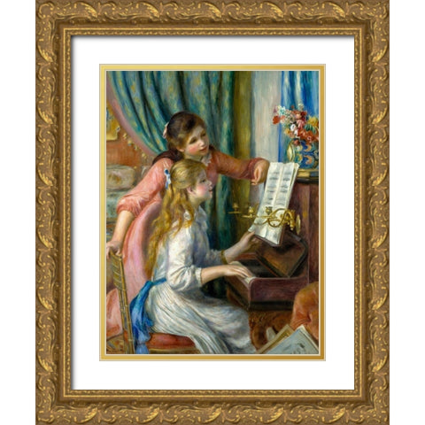 Two Young Girls at the Piano Gold Ornate Wood Framed Art Print with Double Matting by Renoir, Pierre-Auguste