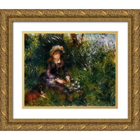 Madame Renoir with the dog Gold Ornate Wood Framed Art Print with Double Matting by Renoir, Pierre-Auguste