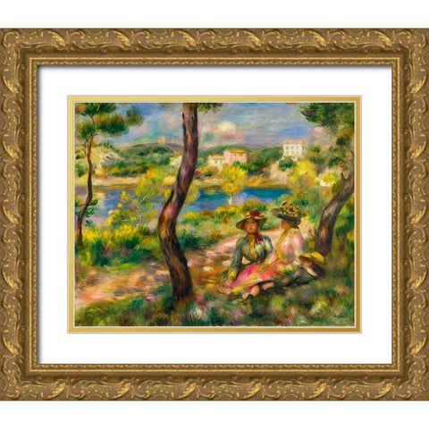 Beaulieu, women and boy Gold Ornate Wood Framed Art Print with Double Matting by Renoir, Pierre-Auguste