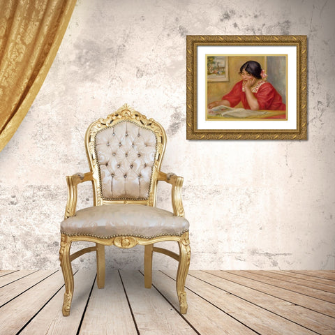 LÃ©ontine lisant Gold Ornate Wood Framed Art Print with Double Matting by Renoir, Pierre-Auguste