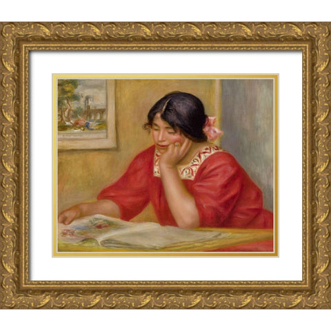 LÃ©ontine lisant Gold Ornate Wood Framed Art Print with Double Matting by Renoir, Pierre-Auguste