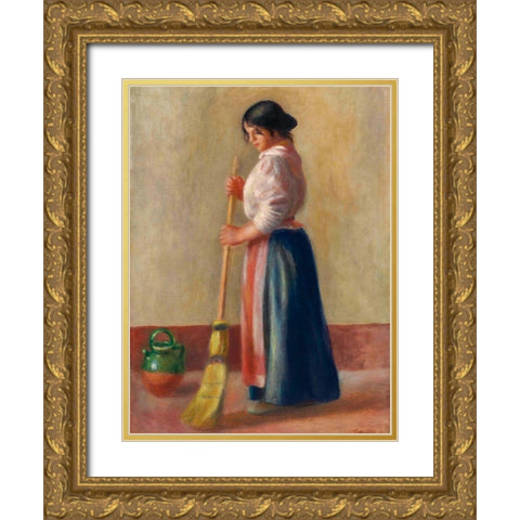 The Sweeper Gold Ornate Wood Framed Art Print with Double Matting by Renoir, Pierre-Auguste
