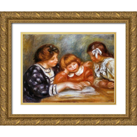 The Lesson Gold Ornate Wood Framed Art Print with Double Matting by Renoir, Pierre-Auguste