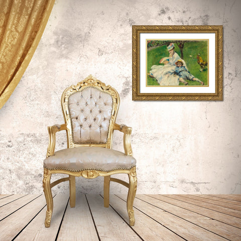 MadameÂ Monet and HerÂ Son Gold Ornate Wood Framed Art Print with Double Matting by Renoir, Pierre-Auguste