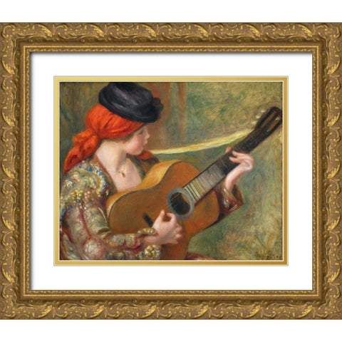 Young Spanish Woman with a Guitar Gold Ornate Wood Framed Art Print with Double Matting by Renoir, Pierre-Auguste