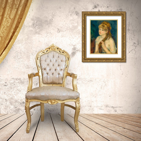 Young Woman Braiding Her Hair Gold Ornate Wood Framed Art Print with Double Matting by Renoir, Pierre-Auguste